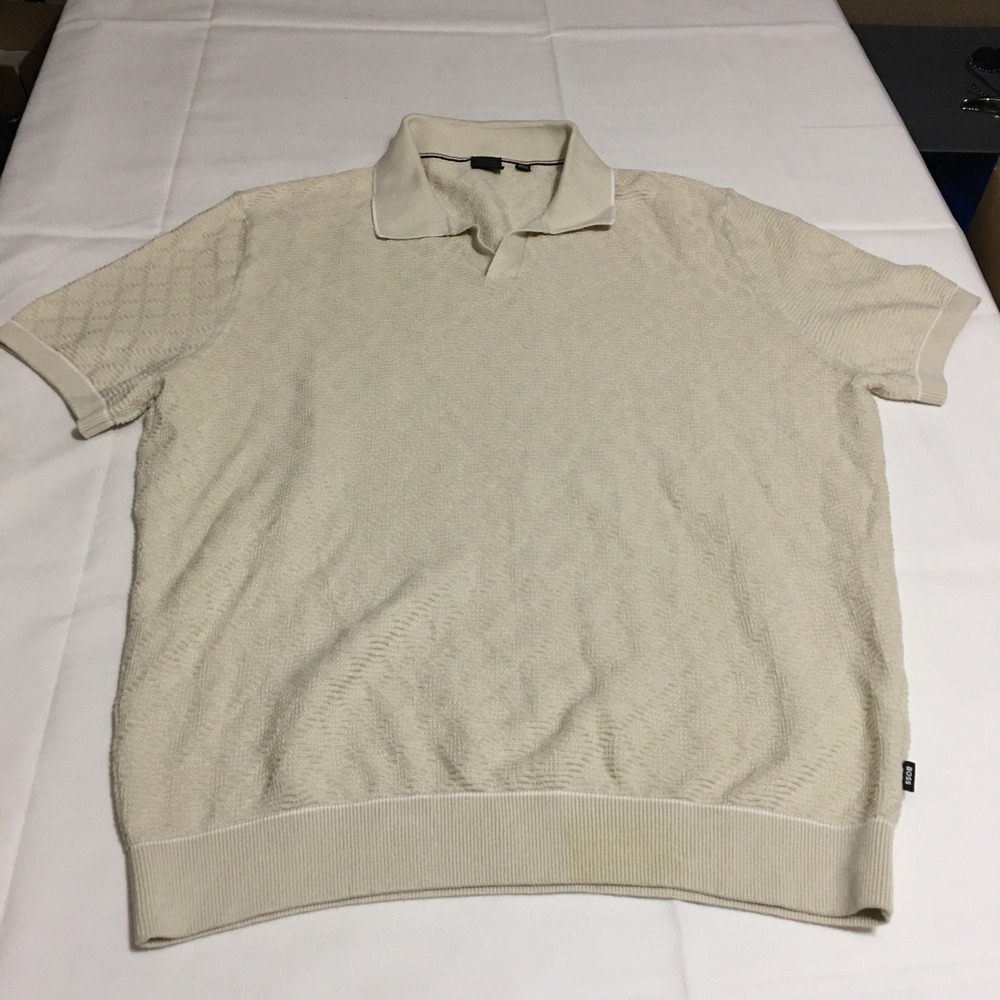 Hugo Boss Polo Shirt Mens 2XL Beige Short Sleeve Textured Knit Cotton Pullover
